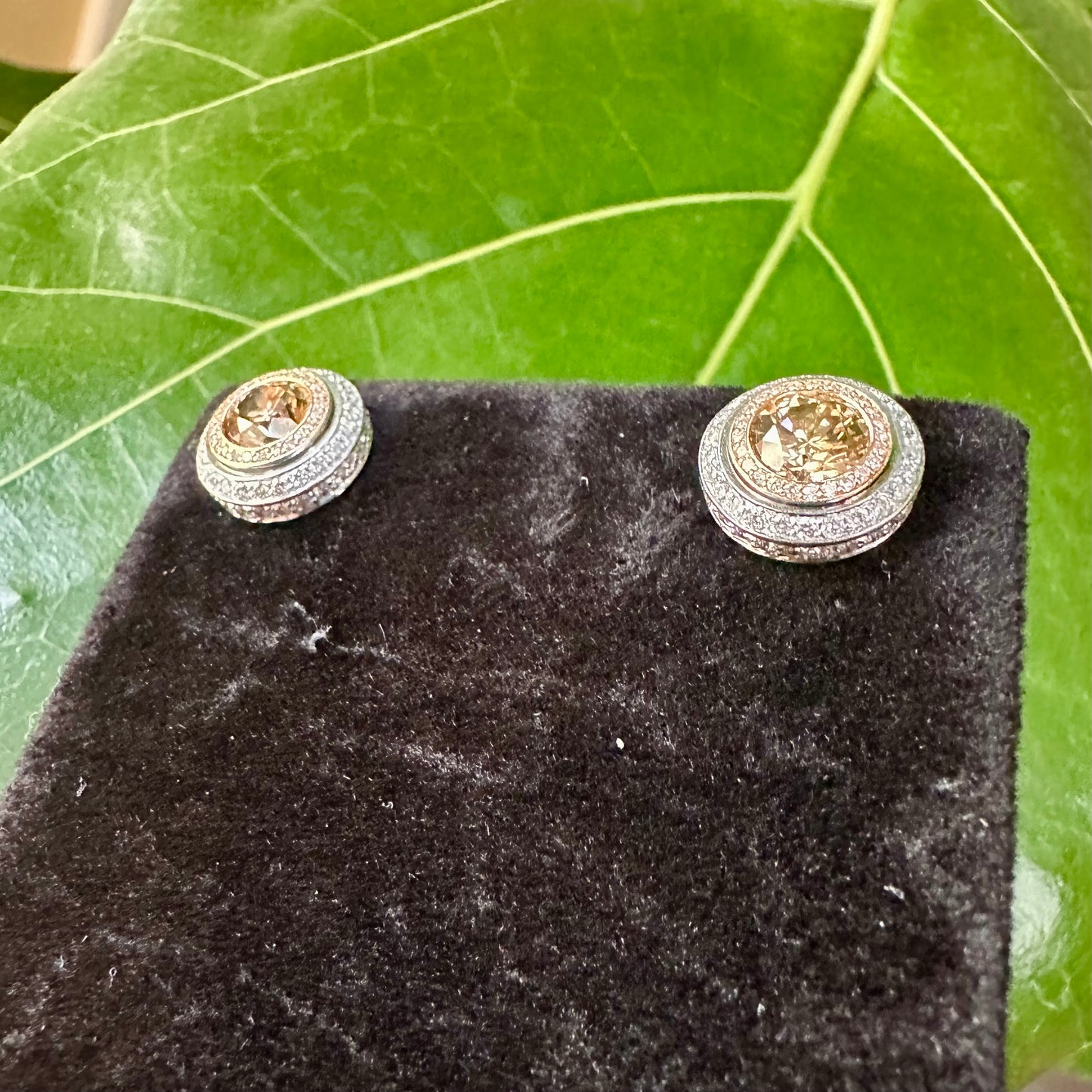 Champagne Diamonds with Diamond Halo Stud Earrings 18k White and Rose Gold