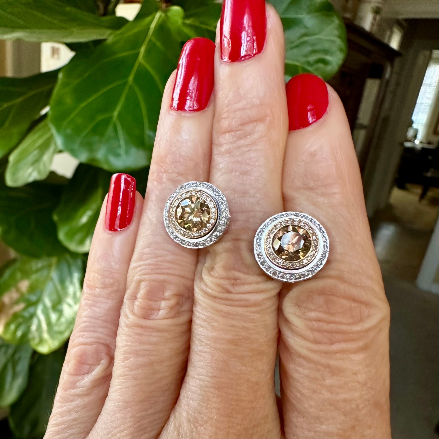 Champagne Diamonds with Diamond Halo Stud Earrings 18k White and Rose Gold