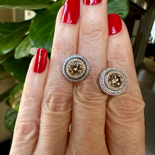 Champagne Diamonds with Diamond Halo Stud Earrings 18k White and Rose Gold