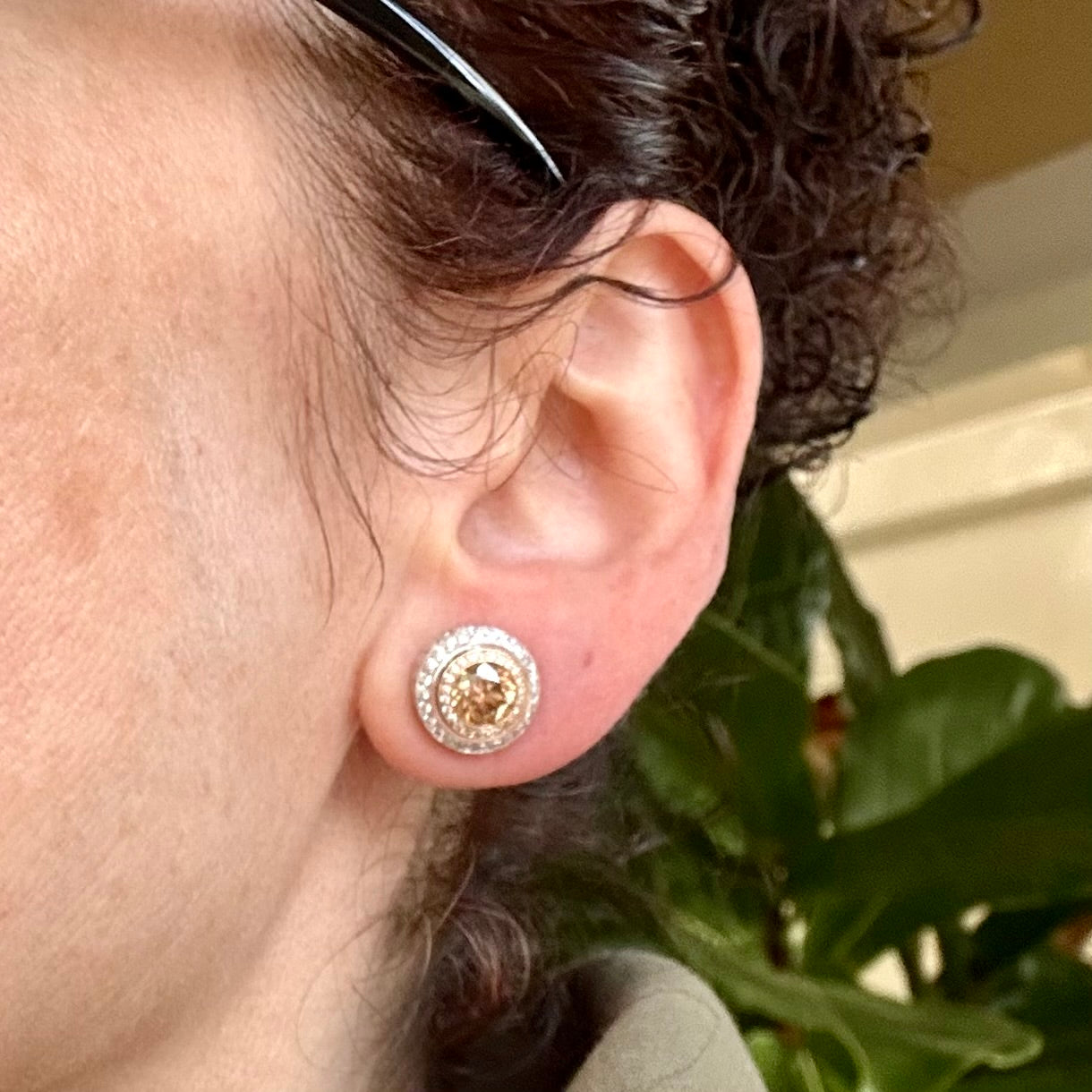 Champagne Diamonds with Diamond Halo Stud Earrings 18k White and Rose Gold