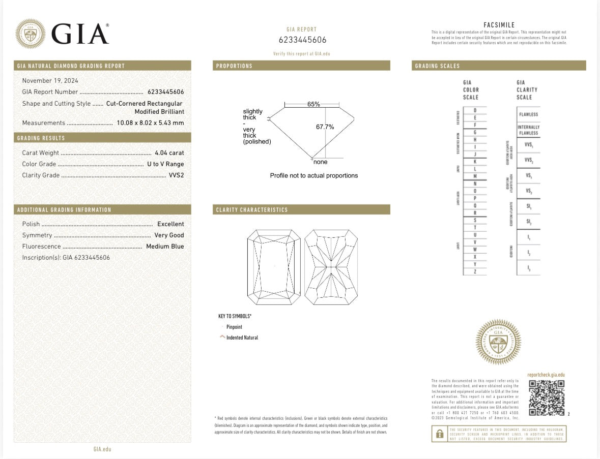 Radiant U-T VV S2 GIA Certified 4.04  Diamond Ring 18k Yellow Gold